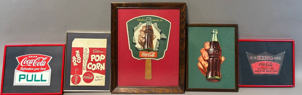Lot 333: Lot 5 Framed Coca Cola 40s 50s 60s Advertising Popcorn Stickers Fans & Decals