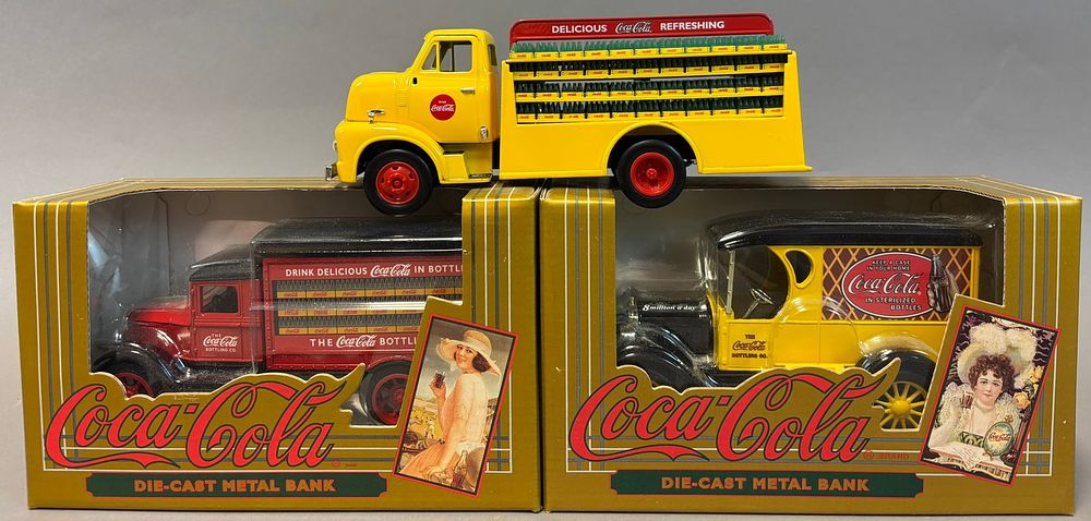 Lot 342: Lot 3 Coca Cola Original Diecast Metal Coin Bank Cars & Delivery Trucks w/ Boxes