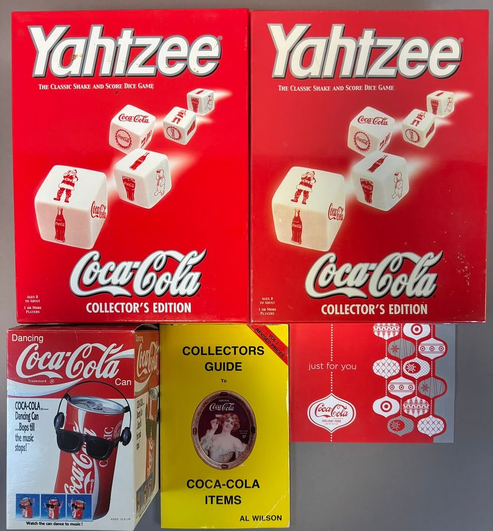 Lot 355: Lot 5 Original Coca Cola Yahtzee Collectors Edition, Dancing Can & More