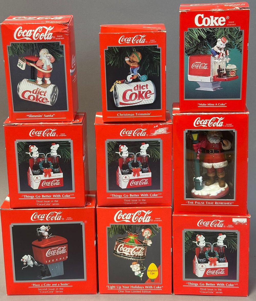 Lot 373: Lot 9 Original Coca Cola by Enesco Christmas Ornaments w/ Original Boxes