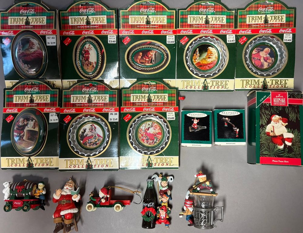 Lot 374: Lot 16 Original Trim A Tree & Hallmark Coca Cola Christmas Ornaments w/ Boxes