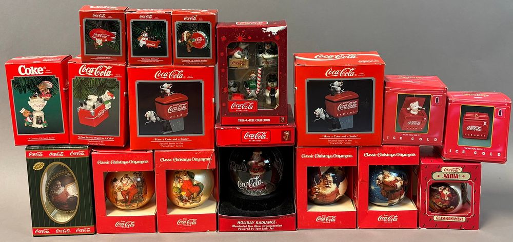 Lot 375: Lot 17 Coca Cola Original Enesco & Coke Brand Christmas Ornaments w/ Boxes