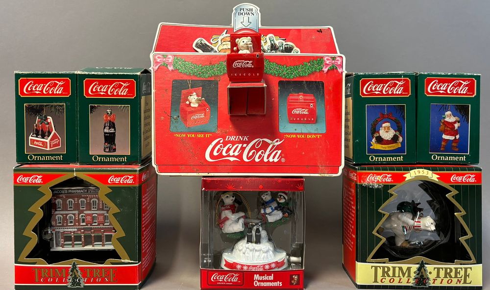 Lot 376: Lot 8 Coca Cola Original Trim A Tree Christmas Ornaments & Store Display