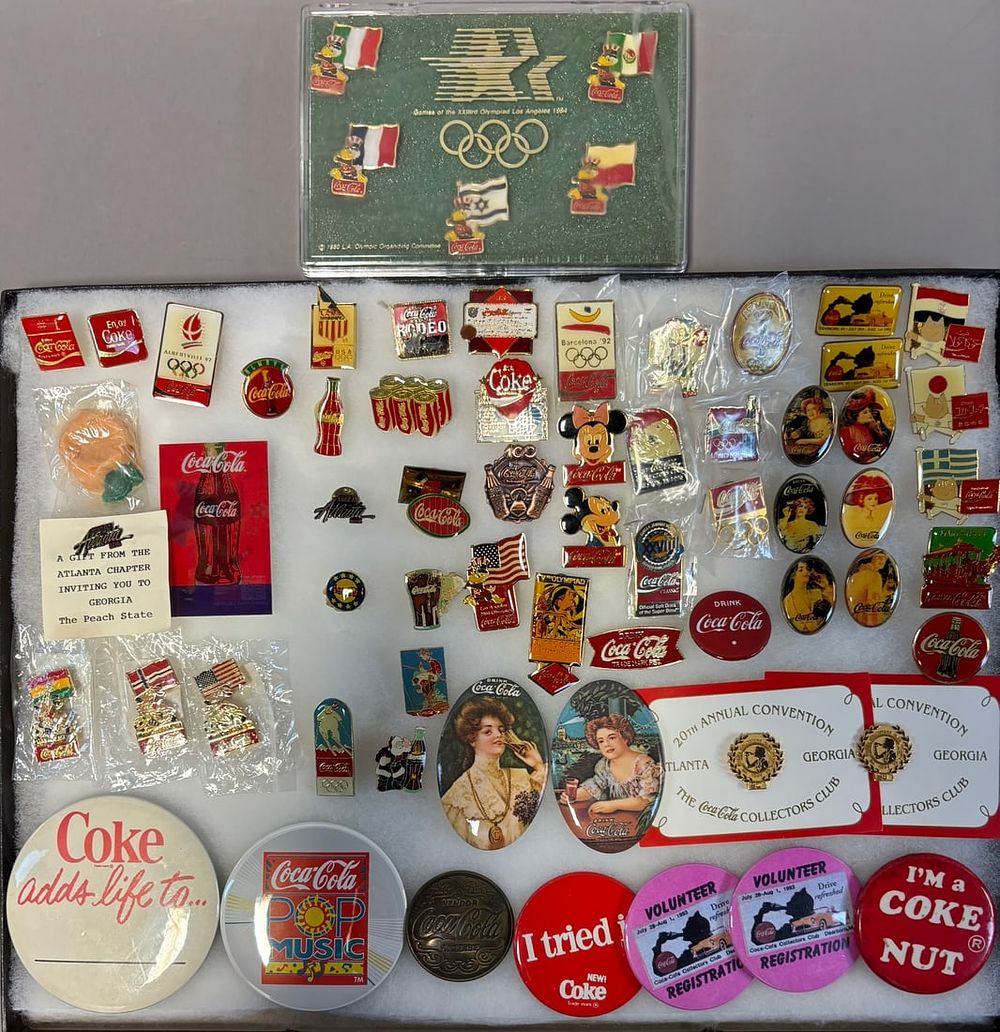 Lot 381: Vintage Lot 65 Original Coca Cola Pinback Buttons & Enamel Advertising Badges