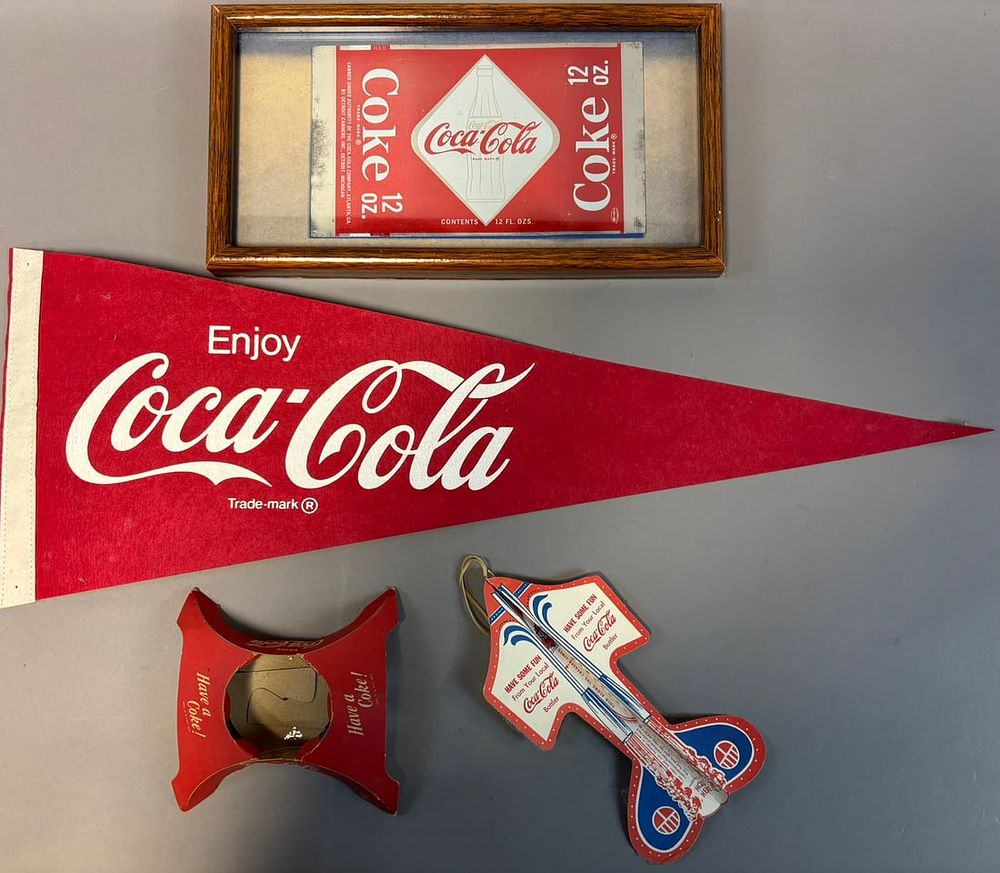 Lot 385: Lot 4 Original Coca Cola Felt Pennant Cut Can Airplane & Cardboard Bottle Holder