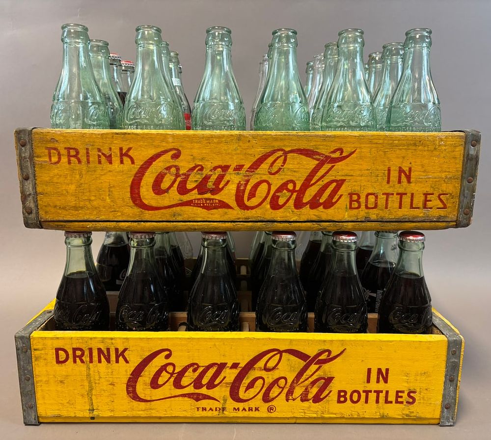 Lot 386: Pair Coca Cola Wooden Advertising Soda Pop Crates w/ Full Bottles