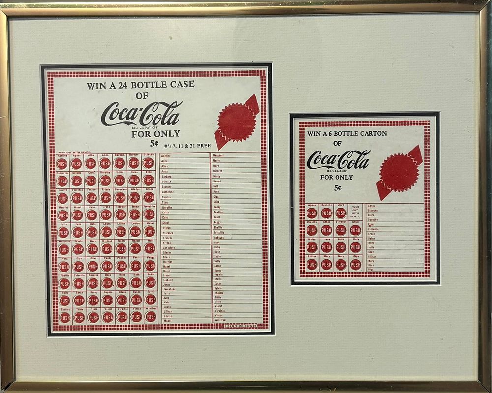 Lot 398: Framed Win A 24 Bottle Case of Coca Cola 5 Cent Original Advertising Signs