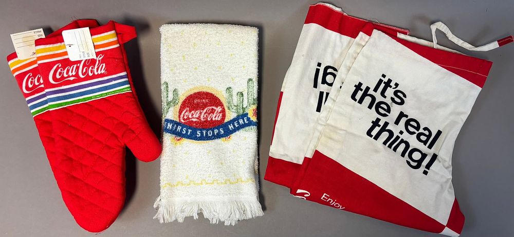 Lot 401: Lot 4 Vintage Coca Cola Kitchen Cooking Mittens Baking Towels & Real Thing Pants