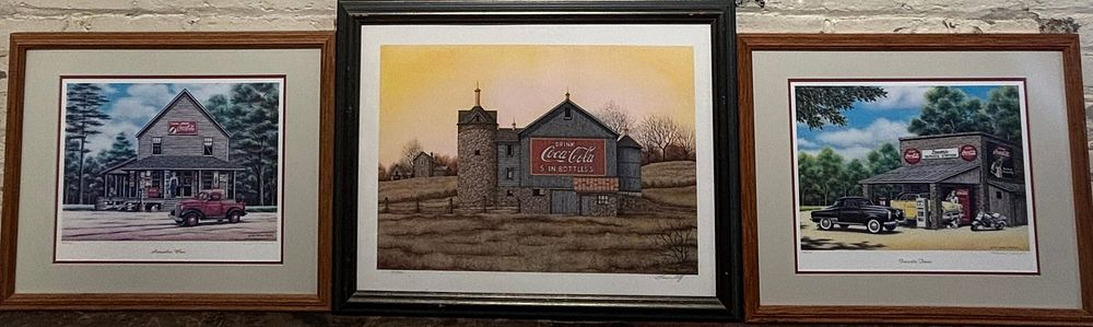 Lot 3 Original Coca Cola Framed, Matted & Signed Howie Stiff 1978 Prints. See all photos
