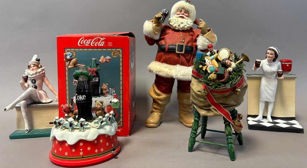Lot 410: Lot 5 Coca Cola Nurse, Clown & Santa Related Advertising Statues by Heirloom