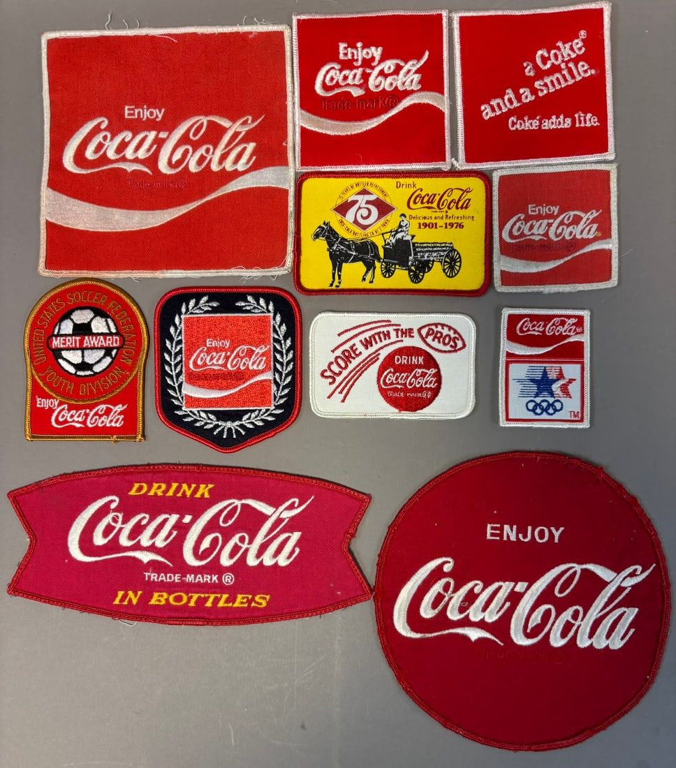 Lot 421: 9 Piece Vintage 60s 70s 80s Coca Cola Sew On Advertising Cloth Patches