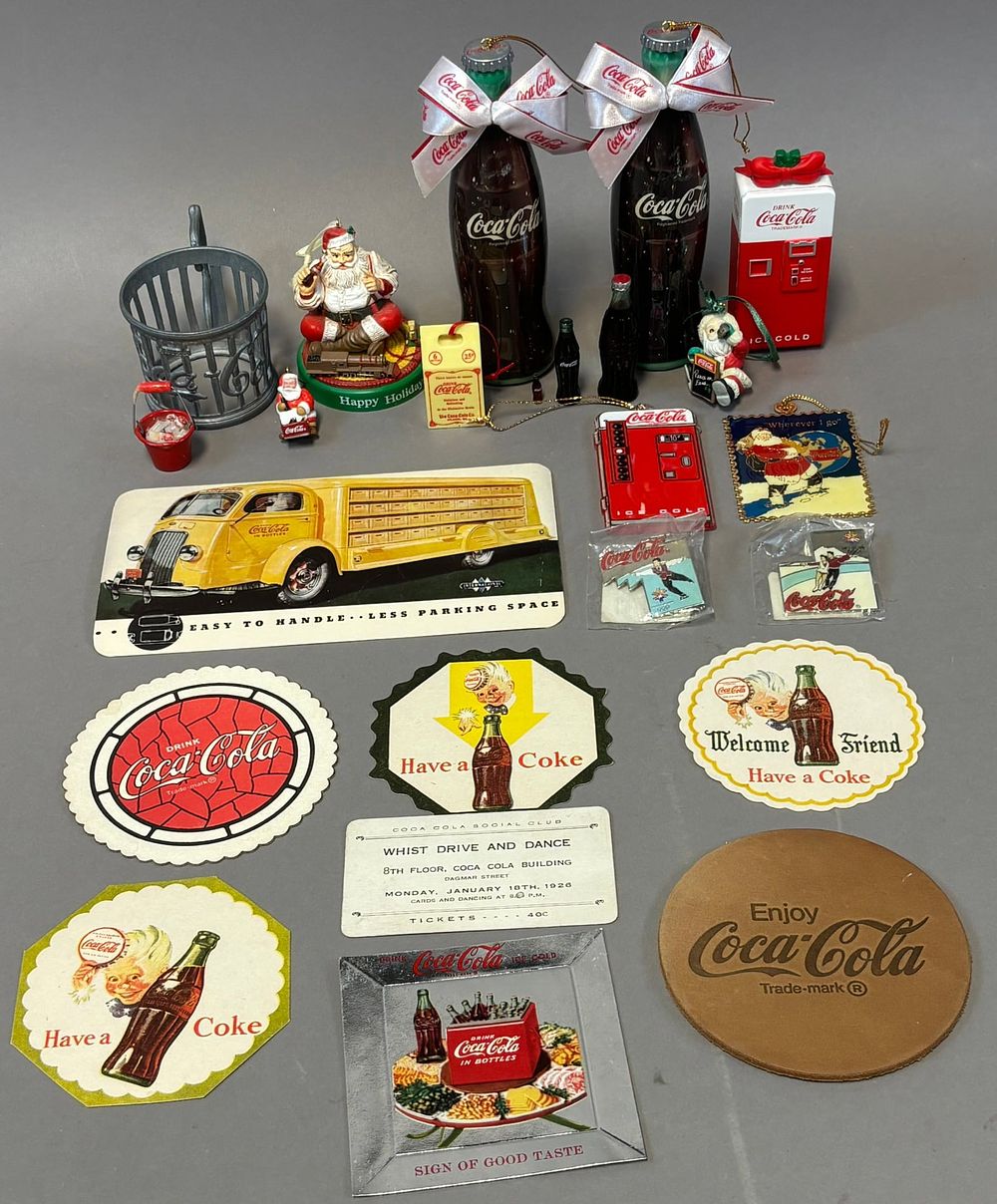 Lot 425: 24 Piece Lot Original Coca Cola Advertising Coasters Ornaments Pinbacks & More