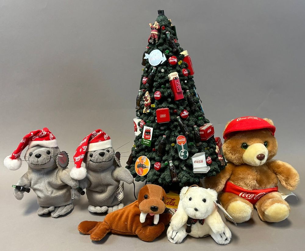 Lot 426: 6 Piece Original Coca Cola Plushy Walrus Seal & Teddy Beat Lot w/ Xmas Tree