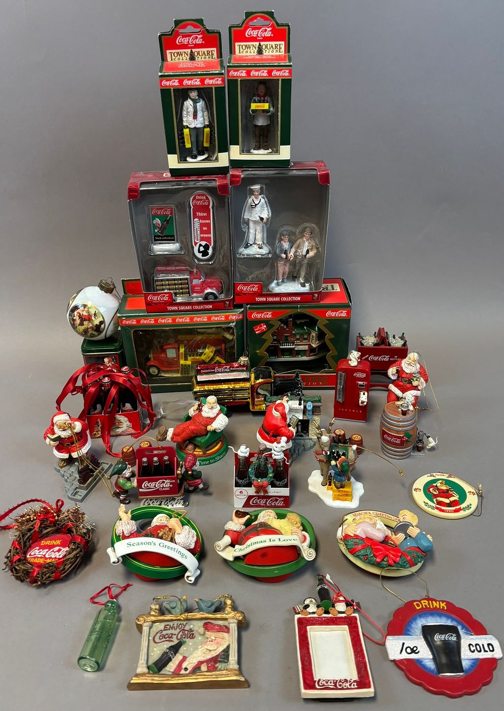 Lot 427: 33 Piece Lot Original Coca Cola Christmas Ornaments & Holiday Display Items