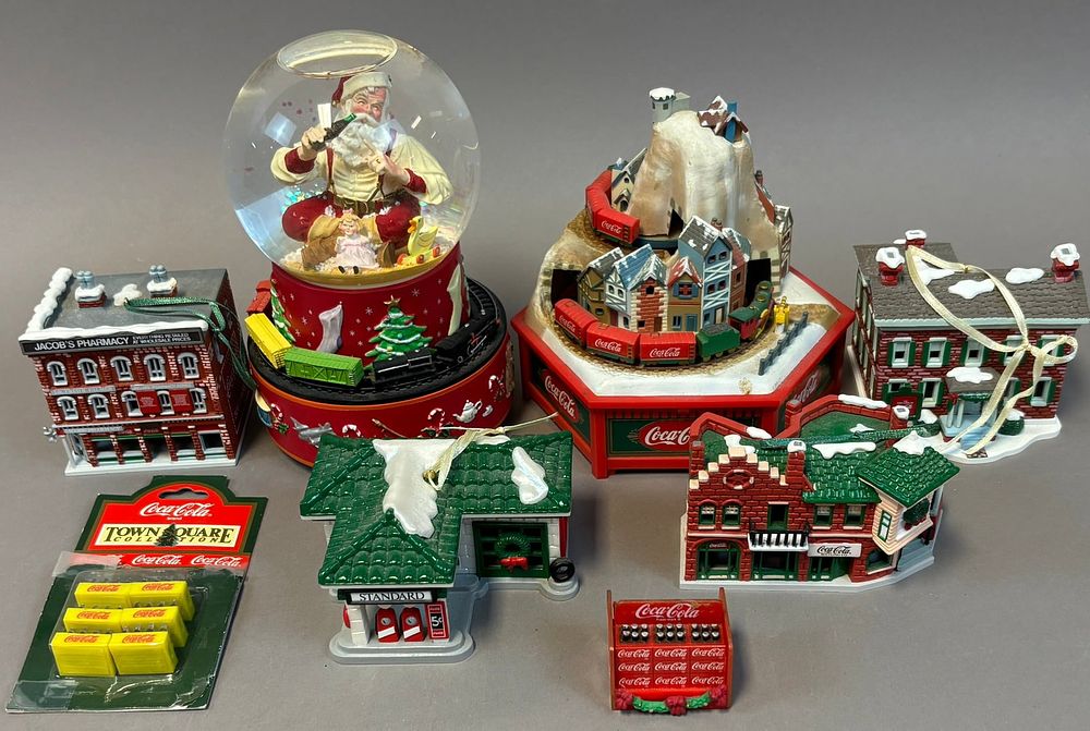 Lot 429: Lot 8 Original Coca Cola Christmas Village Buildings, Snow Globe & More