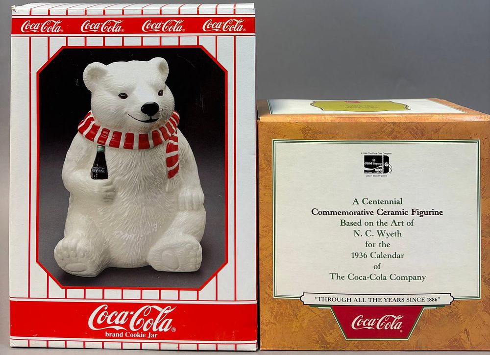 Lot 432: Pair Coca Cola Polar Bear Ceramic Cookie Jar w/ Box & Ceramic Figurine