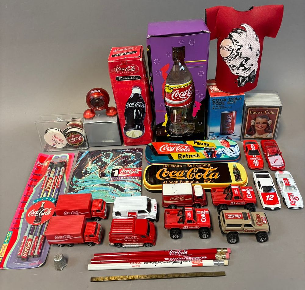 Lot 438B: 28 Piece Lot Coca Cola Advertising Items Toy Trucks Cars Cards Pencils & More