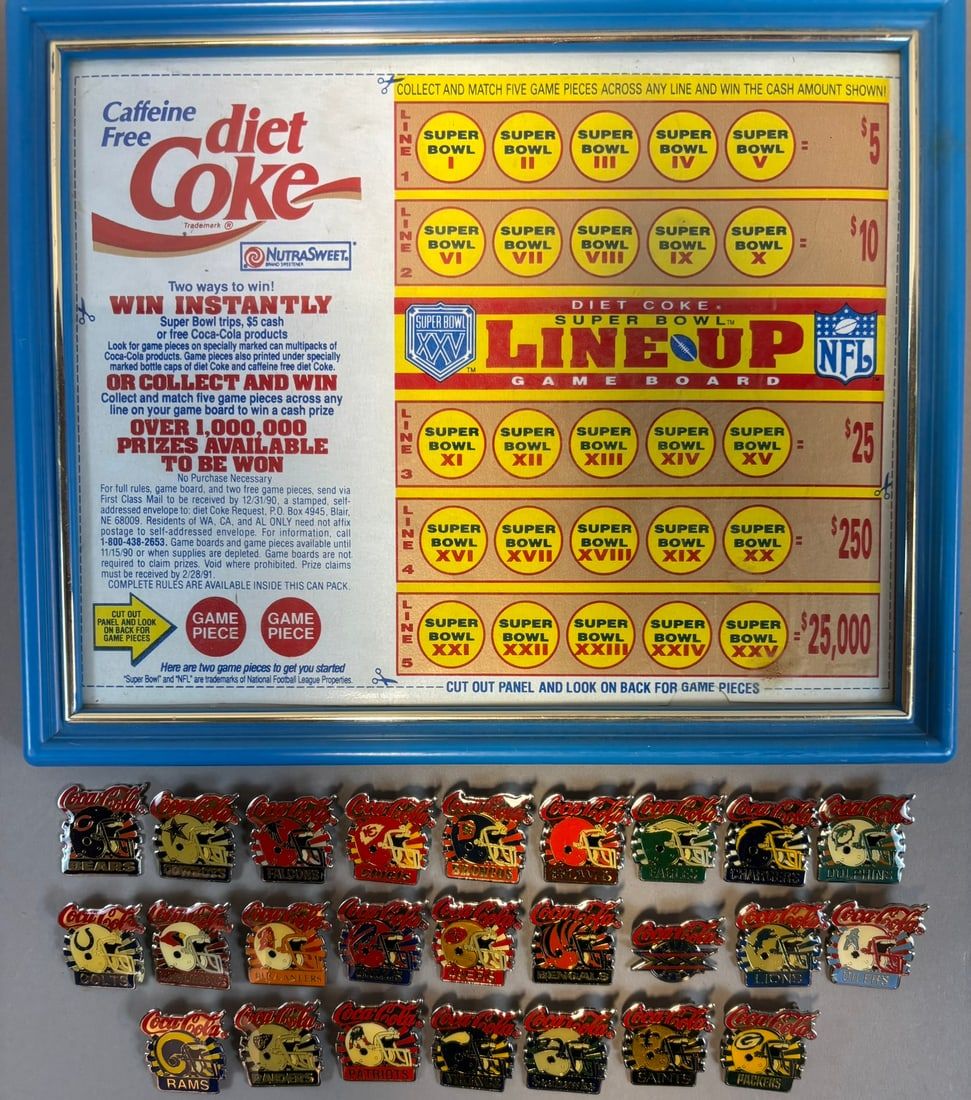 Lot 440: 26 Piece Lot Original Coca Cola NFL Pinback Helmet Buttons & Game Board