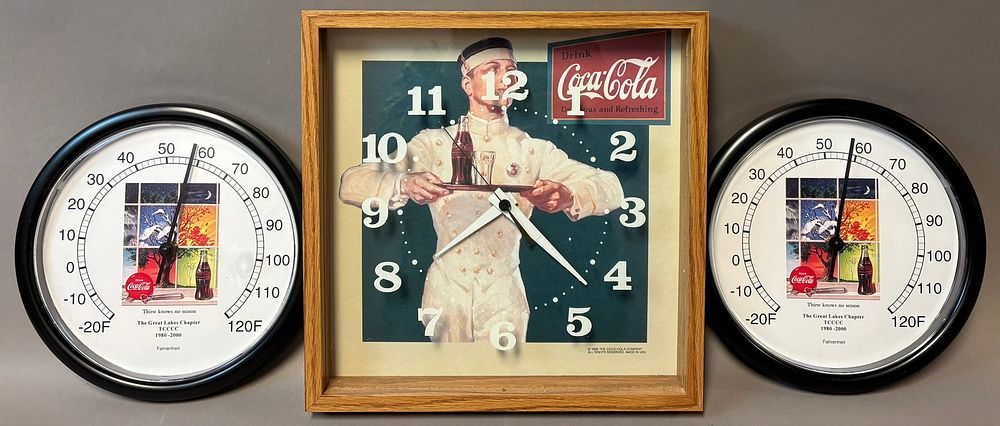 Lot 441: Lot 3 Original Coca Cola 1990 Clock & Working 2000 Thermometers