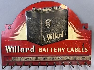 Willard Battery Cables SST Embossed Metal Advertising Rack Sign. 17" x 12" - 1.75" Hooks