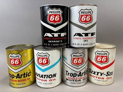 Lot 6 Phillips 66 ATF Trop Artic Aviation 66 Composite Full Quart Cans. Top two cans are full