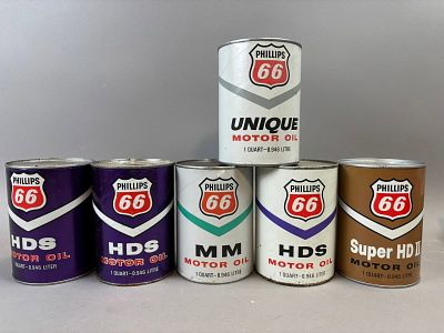 Lot 6 Phillips 66 HDS MM Unique Super HD X Composite Full Quart Cans. Top can in photos is full 