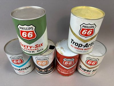 Lot 6 Phillips 66 Sixty Six Special Aviation Trop Artic Composite Full Quart Cans. Top two cans 
