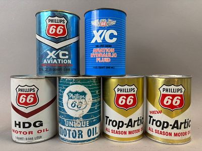6 Phillips 66 XC Aviation & Hydraulic Trop Artic Composite Metal Full Quart Cans. Top two cans 