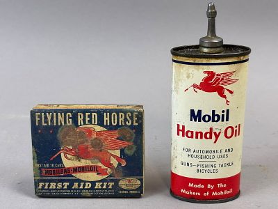 Pair Mobil Oil Lead Top Handy Oil Oiler & Flying Red Horse First Aid Kit. See all photos