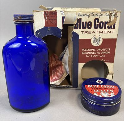 Blue Coral Preservative Sealer Milk Glass Bottle & Original Box. See all photos
