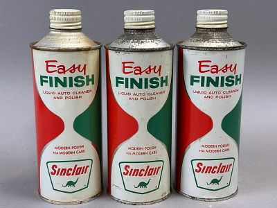 Lot 3 Sinclair 1960s Easy Finish Cone Top Auto Cleaner & Polish Cans Full. 2.5" x 7.5" - wear as 