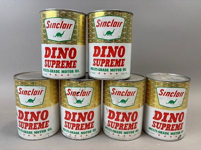 Lot 6 Full Sinclair Dino Supreme Composite Quart Cans w/ Dinosaur. See all photos