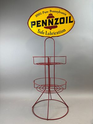 Pennzoil Safe Lubrication Original 1972 Quart Motor Oil Can Advertising Rack. 14" diameter x 37" 