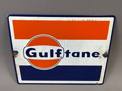 Gulftane SSP Original Gulf Oil Gas Pump Porcelain Advertising Sign. 10" base x 11.25" top width 