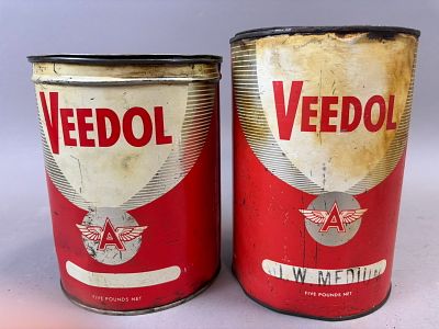 Pair Veedol Flying A 5LB Metal Grease Can Motor Oil Advertising Cans. 5.375" x 8" - see all photos!