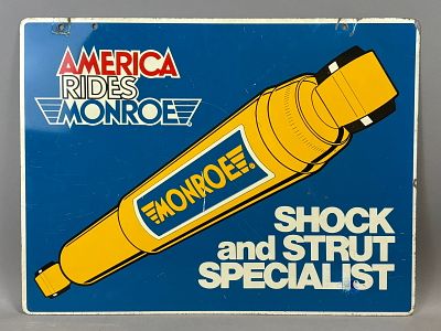 America Rides Monroe Shock & Strut Specialist DST Tin Metal Advertising Sign. 24" x 18"