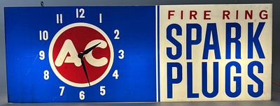 AC Spark Plugs Fire Ring Hanging Plastic Advertising Lighted Clock Sign. 24" x 4" x 8.75" - 