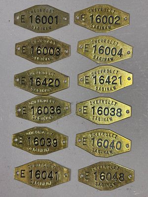 Lot 12 Chevrolet Saginaw Michigan Etched Brass 5 Digit Factory Data Plates Tags. 2.5" x 1.5" - 