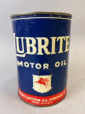 Lubrite Motor Oil Full Socony Vacuum Oil Co Metal Advertising Quart. FULL - see all photos