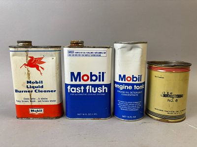 Lot 4 Original Mobil Liquid Bruner Cleaner Fast Flush Engine Tonic Grease Cans. See all photos