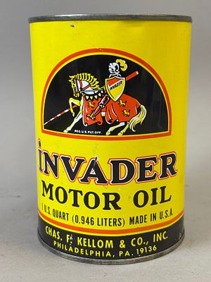 Invader Motor Oil Chas F Kellom & Co Full Metal Quart Advertising Can. See all photos