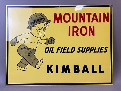 Mountain Iron Oil Field Supplies Kimball Kansas Tin Metal NOS Advertising Sign. 24x18 - see all 