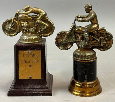 Pair 1950s Original Flint Michigan Motorcycle Flat Tracker Brass Trophies. See all photos