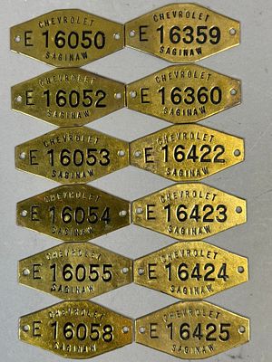 Lot 12 Chevrolet Saginaw Michigan Etched Brass 5 Digit Factory Data Plates Tags. 2.5" x 1.5" - 