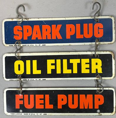 1947 AC Spark Plug Oil Filter Fuel Pump DST Painted Metal Hanging Sign. Missing the flange, but 