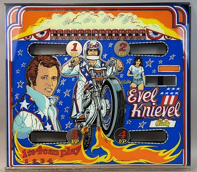 Evel Knievel 1 To 4 Can Play Original Pinball Machine Advertising Glass. 28.5" x 25.25"