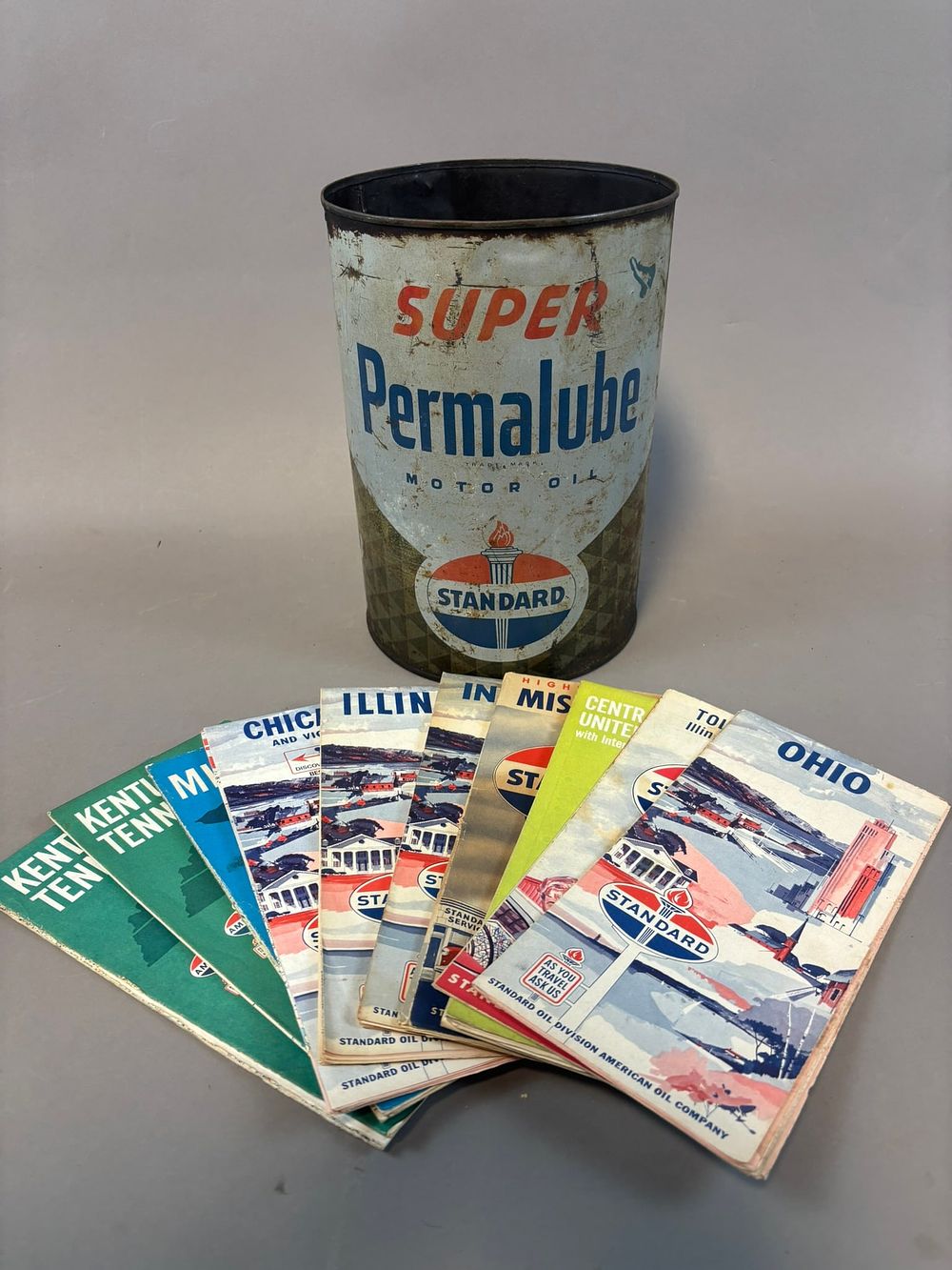 Lot 156: Standard Oil Lot 11 Items (10) Service Station Maps & (1) 5 Quart Motor Oil Can