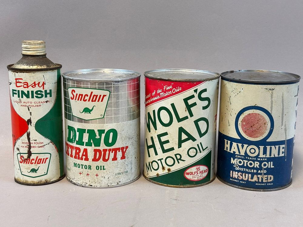 Lot 169: Lot 4 Full Vintage Sinclair Wolfs Head Havoline Quart Cans Easy Finish Cone Top