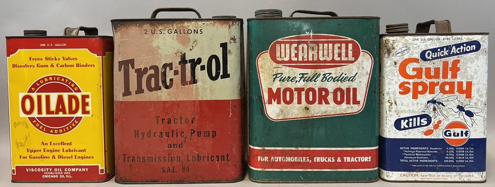 Lot 170: Lot 4 Vintage 1 & 2 Gallon Tractr-ol Wearwell Oilade & Gulf Spray Metal Oil Cans