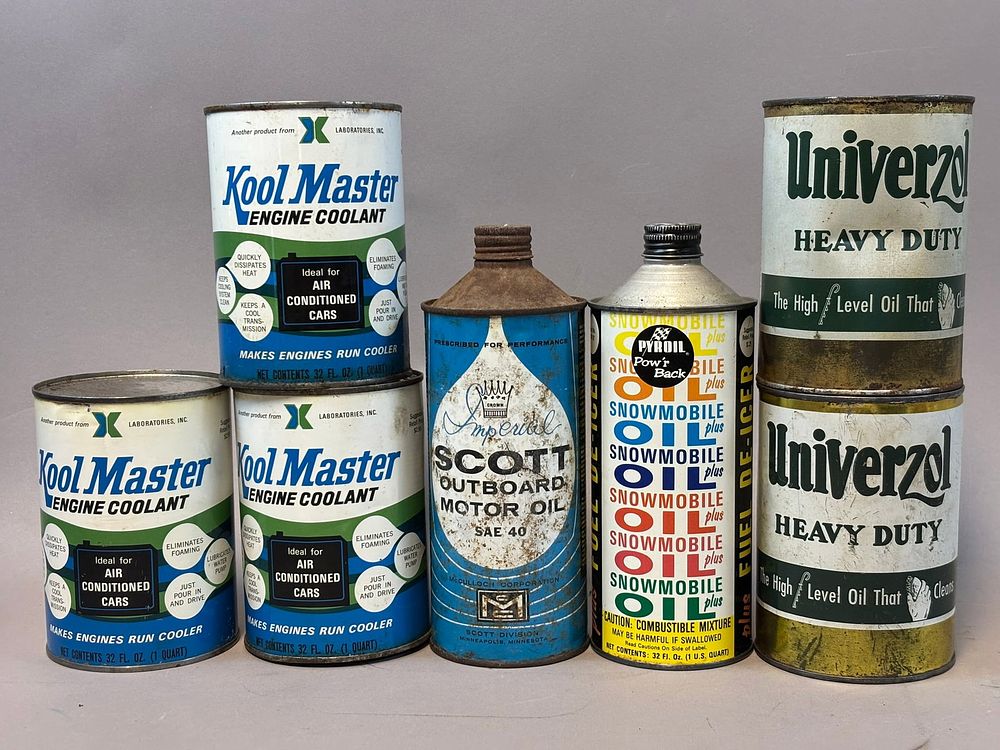 Lot 173: Lot 7 Kool Master Univerzol Heavy Duty Scotts Outboard Pyroil Cone Top Cans